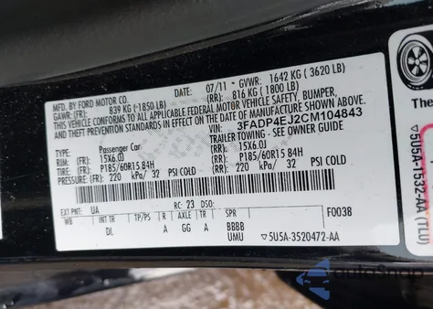 2012 Ford Fiesta Se z USA, uszkodzony, nr VIN 3FADP4EJ2CM104843